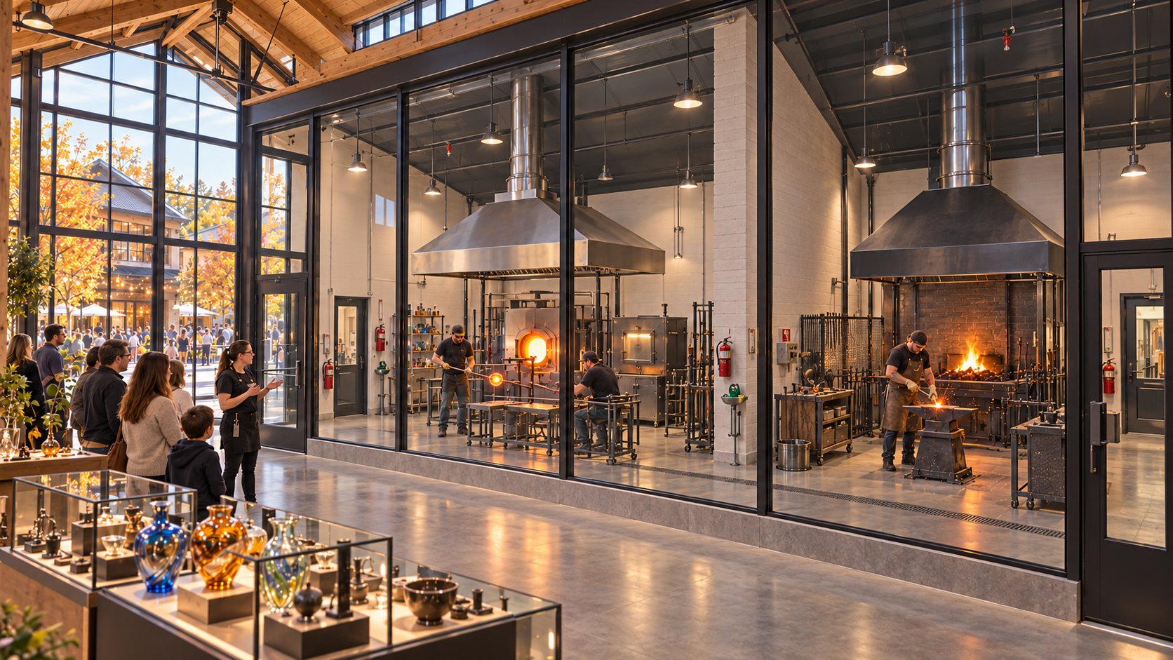 Conceptual rendering of a glass and metal hot shop seen from a public gallery