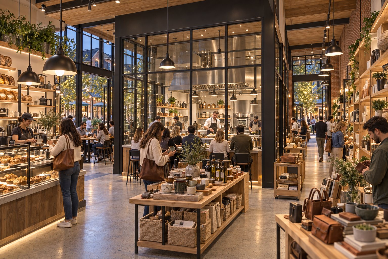 Conceptual rendering of a market hall selling locally made goods
